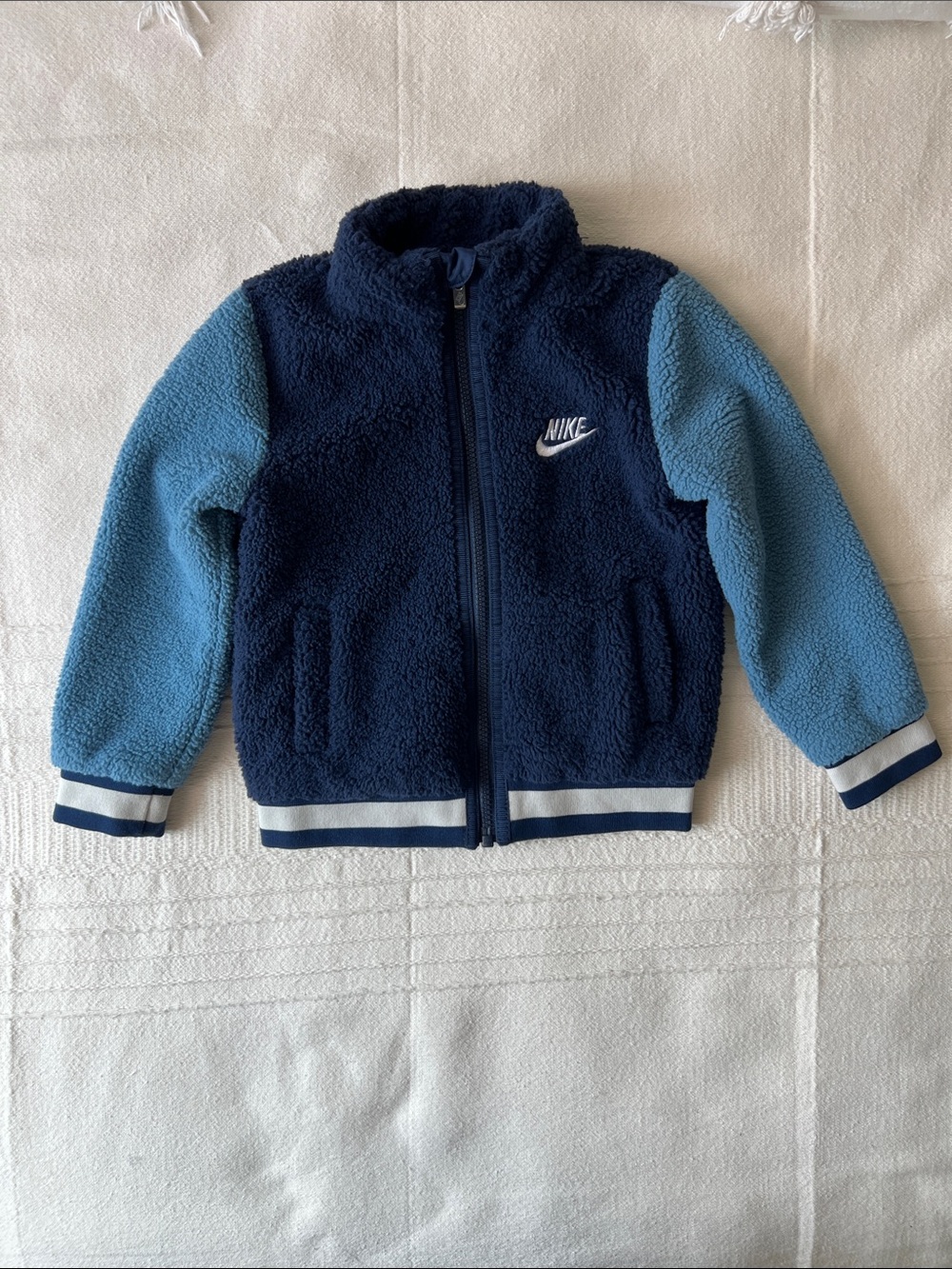 Nike Navy and Light Blue Kids Sherpa Varsity Bimber Jacket